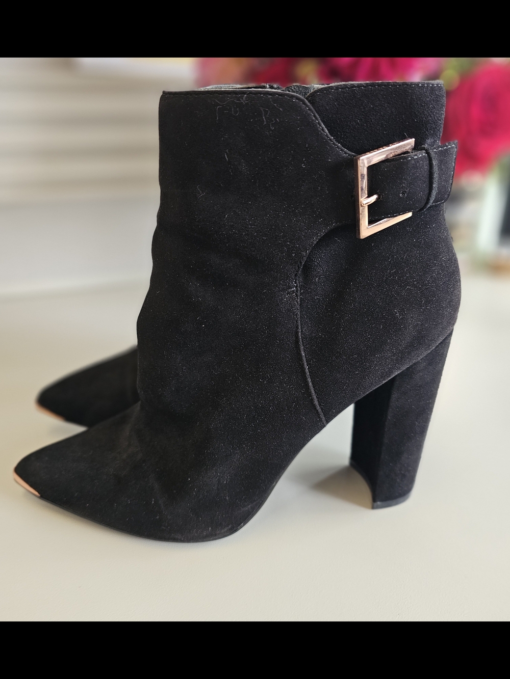 Ted Baker Black Suede Pointed Ankle Booties with Rose Gold Accents